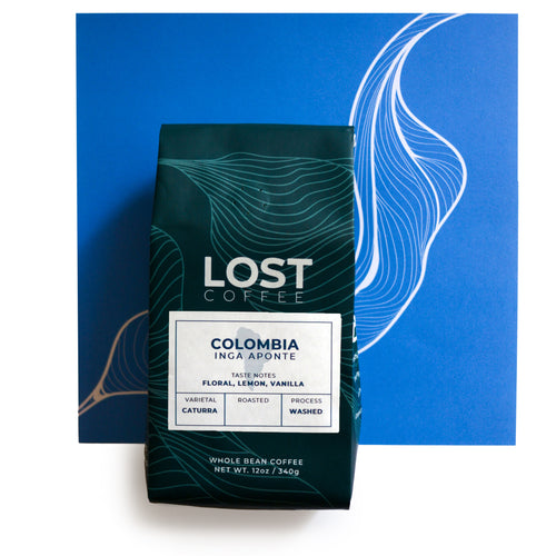 A medium roast coffee from Inga Aponte, Colombia in a blue bag