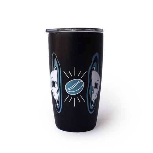 Black tumbler with blue and white designs on a white background