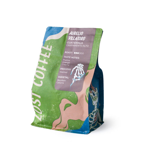 Zesti Coffee bag with green, blue, and purple design on a white background