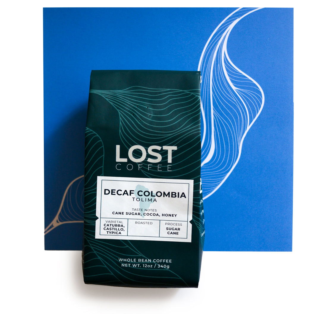 Decaf coffee in a blue bag from Tolima, Colombia that is perfect to drink at nighttime