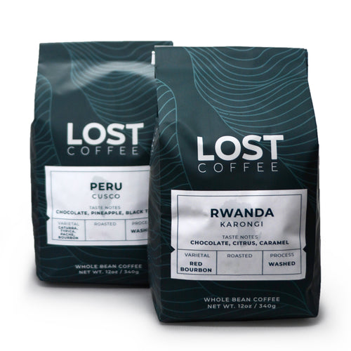 Examples of two bags of beans that can be bought with a coffee subscription through Lost Coffee